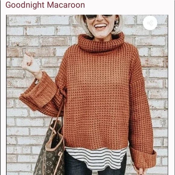 Goodnight Macaroon Retta Cognac Crop Waffle Knit Oversized Sweater OS Cabincore - Picture 6 of 14